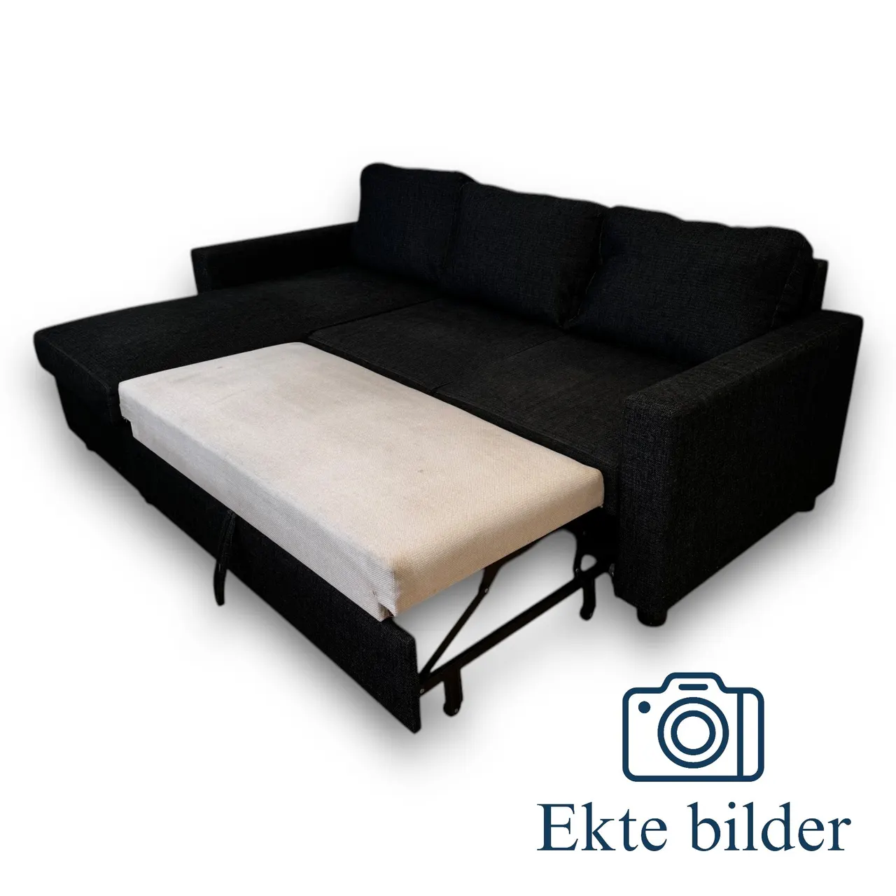 Sovesofa med Sjeselong - Svart, Utrekkbar med Oppbevaring fra Gjenbruksgiganten